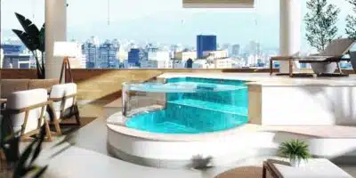 Piscinas pré-fabricadas com acrílico curvo e cerâmica